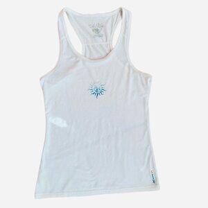 #91 SALT LIFE ~ Women’s White Tank Top with Signature Blue Sun Graphic Design